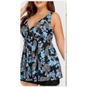 YONIQUE 2 Piece Plus Size‎ Swimsuit Tankini Set 20W Black Blue Floral NEW